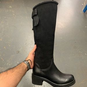 Faux Fur Lined Knee High Winter Boot in Black Faux Suede and Leather